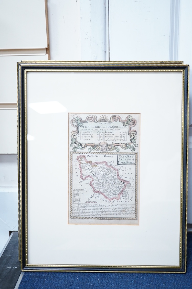 After John Owen & Emmanuel Bowen, A set of four 18th century hand coloured engraved road maps comprising: The North and East Riding of Yorkshire, The West Riding of Yorkshire, Lancashire, and Kent, gallery labels verso,